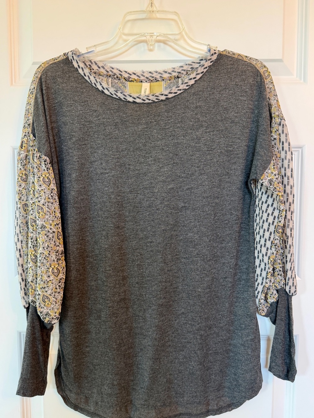 Anthropologie TINY brand Gray Knit Top with Patterned Sheer Sleeve Panels